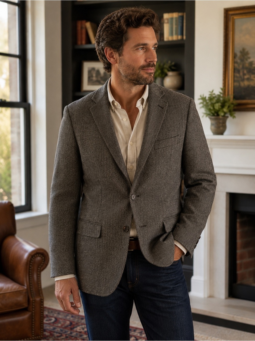 Altitude Men’s Herringbone Wool Blend Blazer – Size 44 – Brown Grey – Heritage /